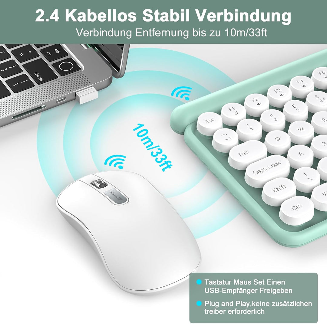 RaceGT Funk Tastatur Maus Set 2.4G Retro Rund QWERTZ Numblock Leise Kompakt Grün&amp;Weiss, Grün&amp;Weiss