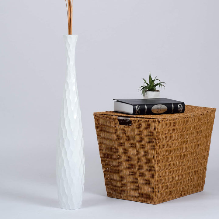 Leewadee Grosse Bodenvase für Dekozweige hohe Standvase Design Holzvase, Holz, 70 cm, Weiss 70 cm We