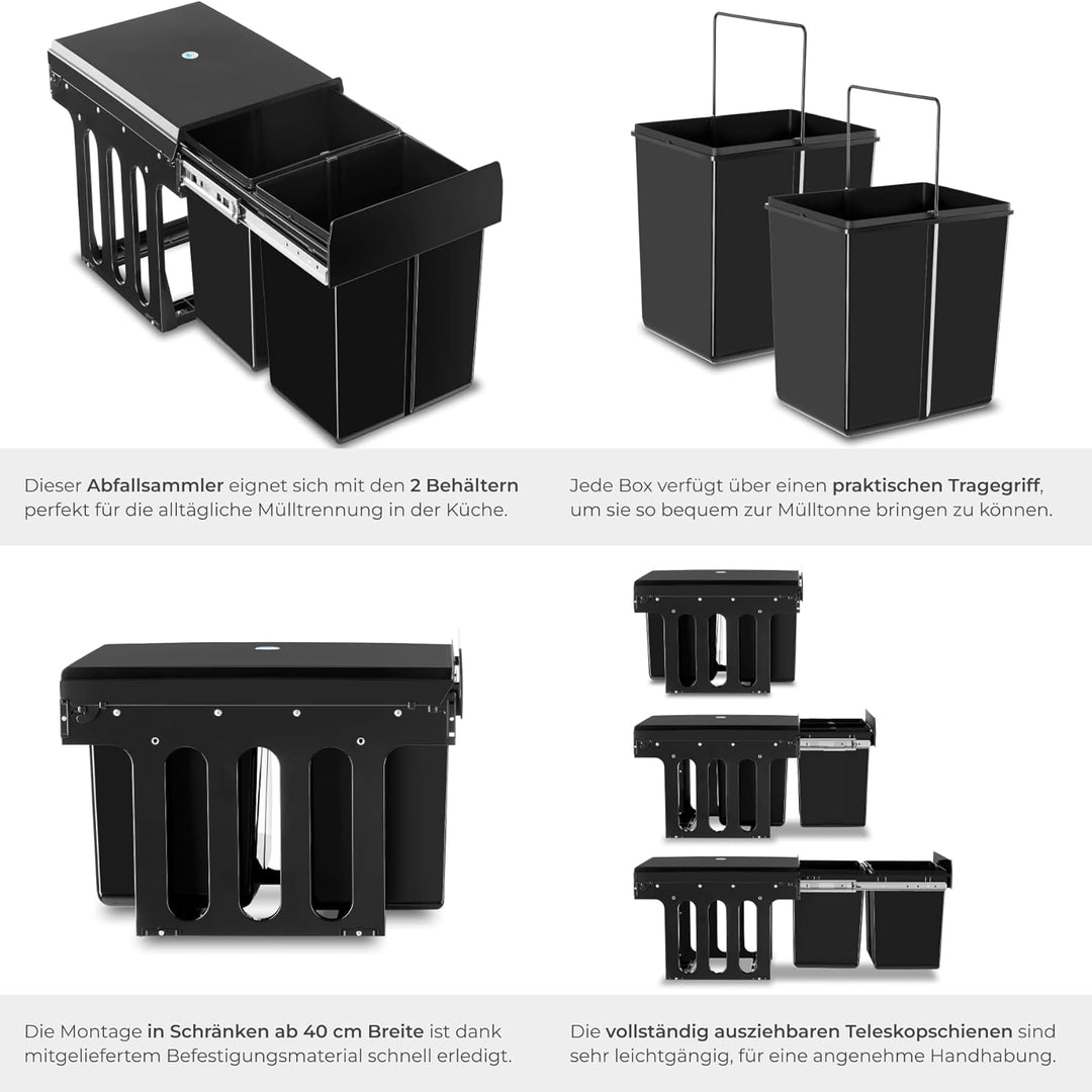 tectake® Abfallsammler, Mülleimer 2 Fächer, Mülltrennsystem Küche, für Schrank, Mülleimer Küche ausz