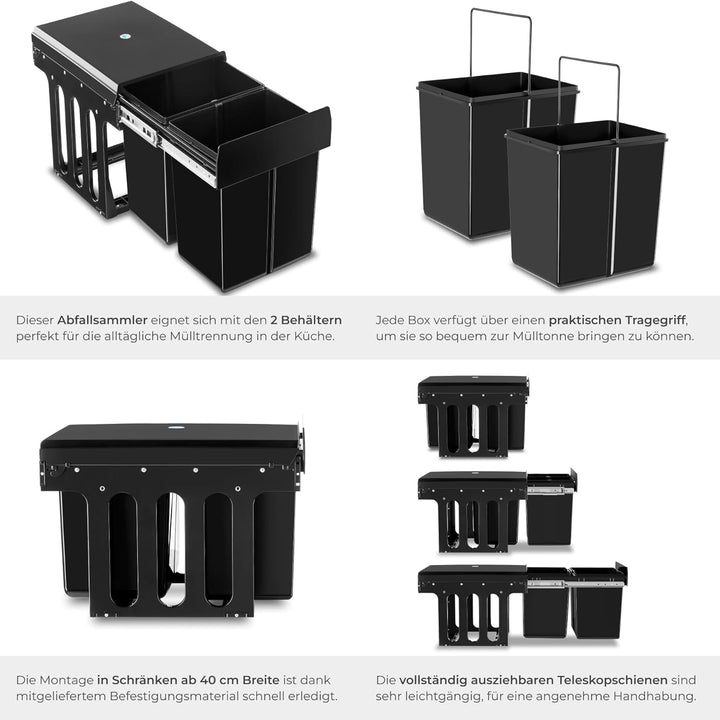 tectake® Abfallsammler, Mülleimer 2 Fächer, Mülltrennsystem Küche, für Schrank, Mülleimer Küche ausz
