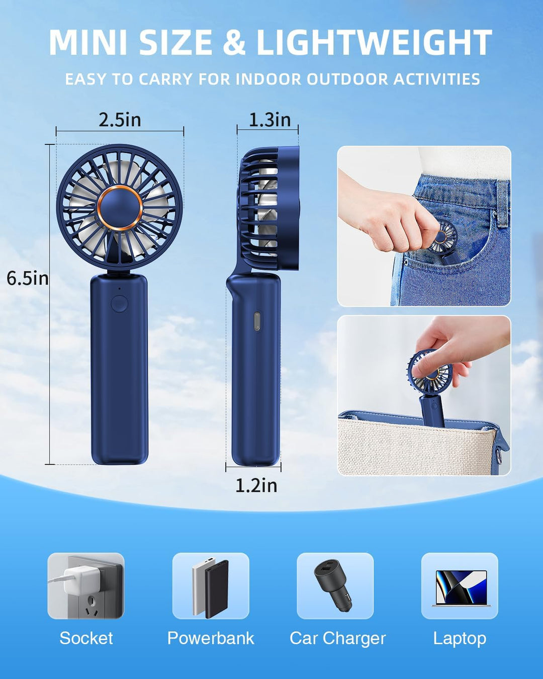 Tragbarer Handventilator, Mini-Schreibtischventilator, faltbar, 2000 mAh, 180 ° Ratotion, 3 Geschwin