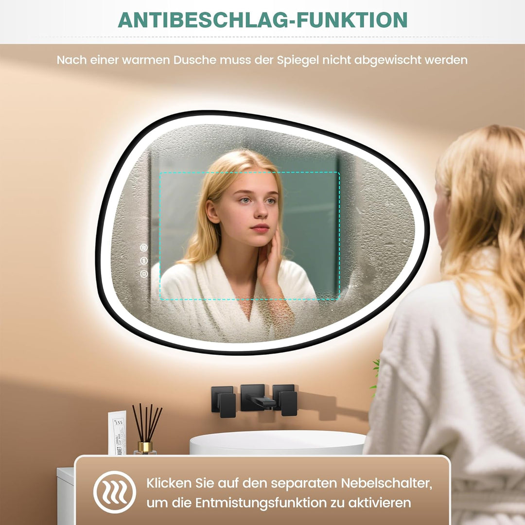 PESENXAN Asymmetrischer Spiegel mit Beleuchtung, LED Badspiegel 83x60 cm mit Touch-Schalter – Antibe