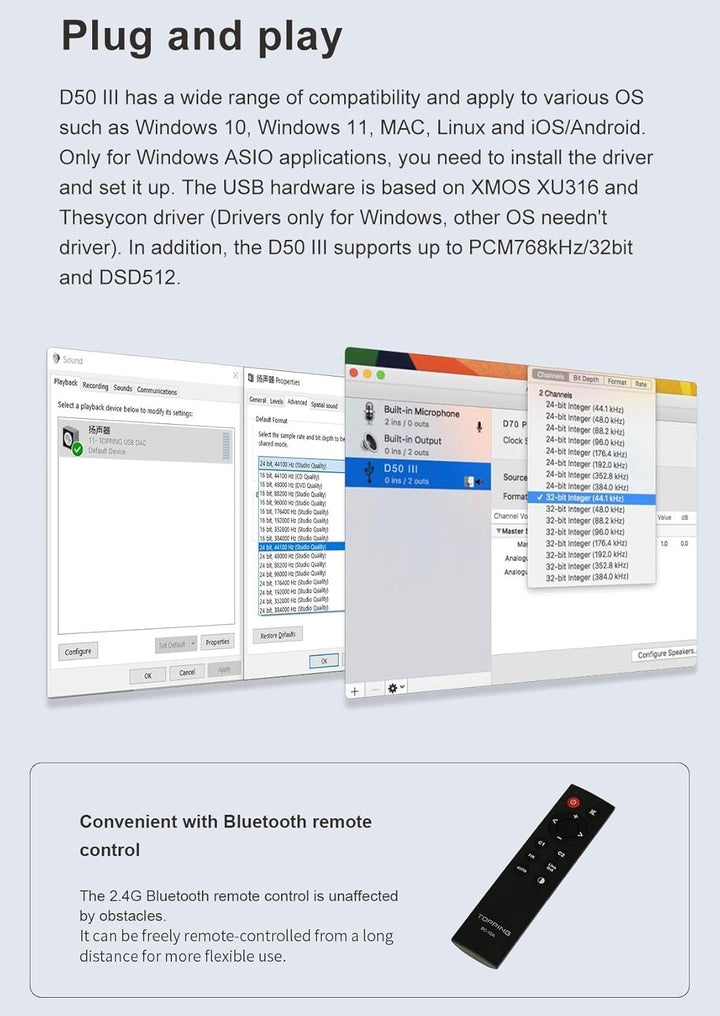Topping D50 III DAC-Vorverstärker – LDAC Bluetooth 5.1 Dual ES9039Q2M D/A-Chips unterstützt DSD512 P