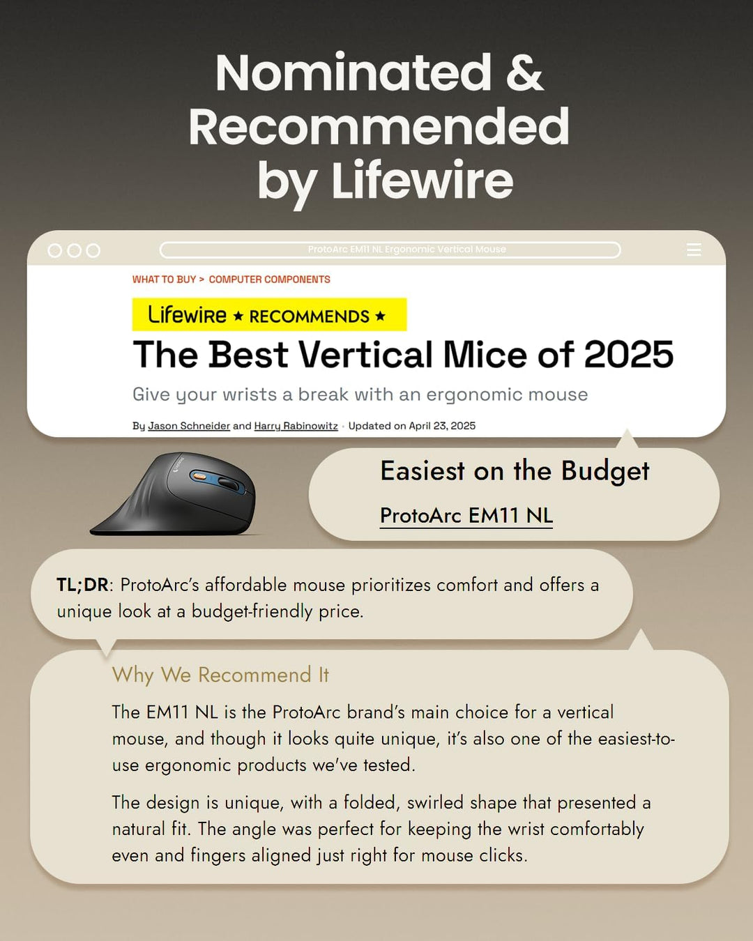 ProtoArc EM11 NL Ergonomische Vertikale Maus, Kabellos Aufladbar Mouse mit 3 Gerät (Bluetooth+Blueto