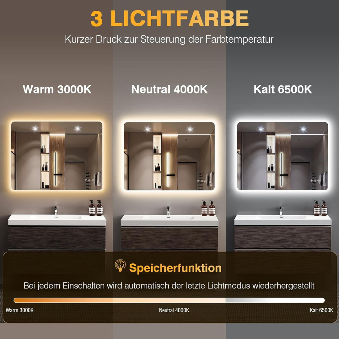 Badezimmer Spiegel mit Beleuchtung, Led Bad Spiegel mit Licht, 3 Lichtfarben, Dimmbar, Antibeschlag,