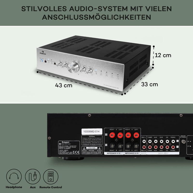 Auna Verstärker, HiFi Stereo Mini Verstärker, HiFi-Verstärker mit Bass & Treble Regler, 2 Kanal Audi