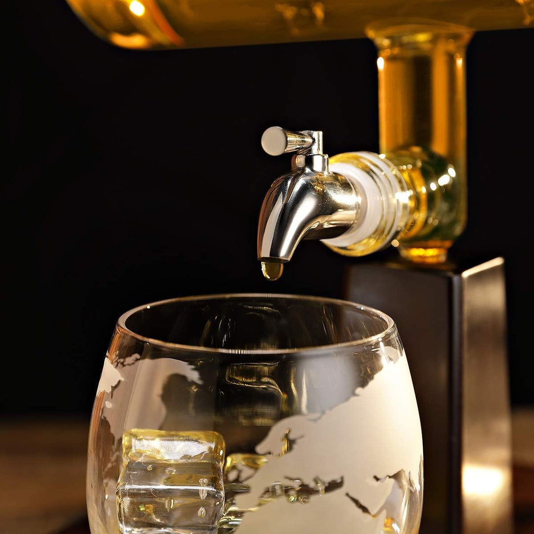 Whisky-Set 4er Whiskygläser 320ml, Glas-Karaffe mit Segelschiff Füllmenge 1000ml, Edelstahlhahn - Bl