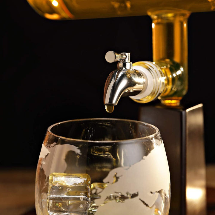 Whisky-Set 4er Whiskygläser 320ml, Glas-Karaffe mit Segelschiff Füllmenge 1000ml, Edelstahlhahn - Bl