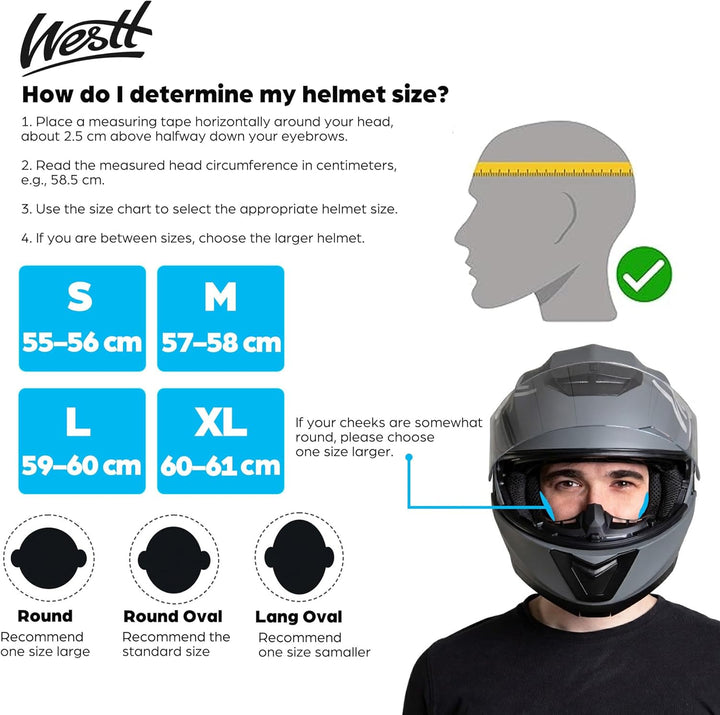 Westt Klapphelm Flip up Motorradhelm Integralhelm Herren Damen mit verstärktem Kinnschutz Chopper Mo