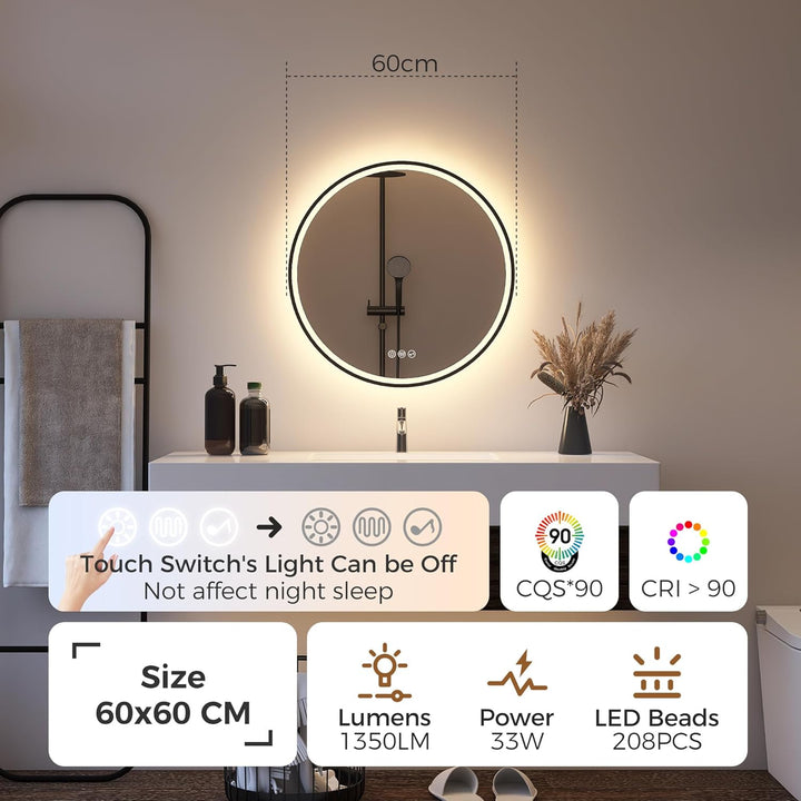 STARLEAD Badspiegel-Rund-mit-Beleuchtung 60cm Diameter, LED-Spiegel-Rund mit Bluetooth, Dimmbar, 3 L
