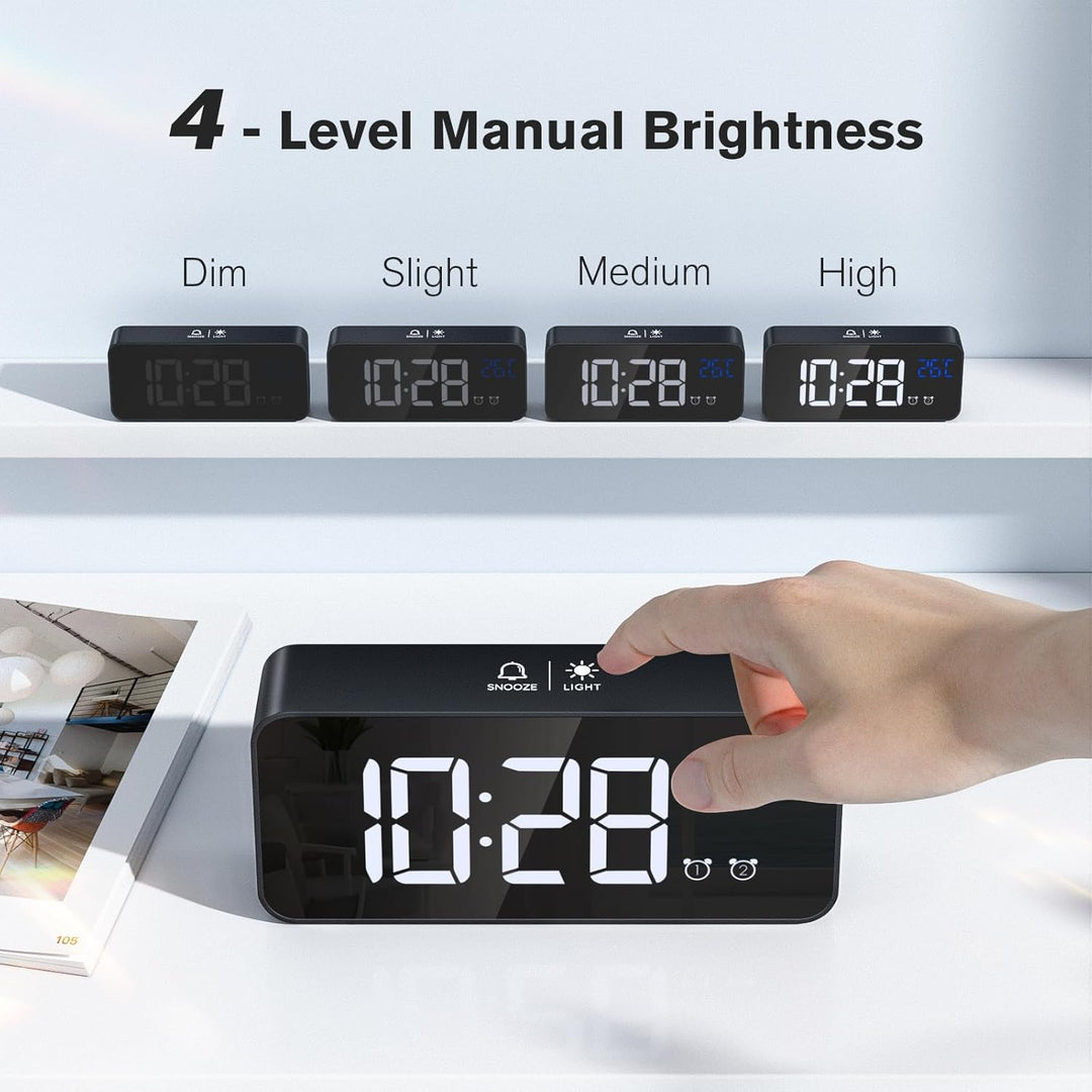 Wecker Digital, LED Digitaluhr mit Temperaturanzeige Tragbarer Spiegelalarm Tischuhr mit 2 Alarmen 1
