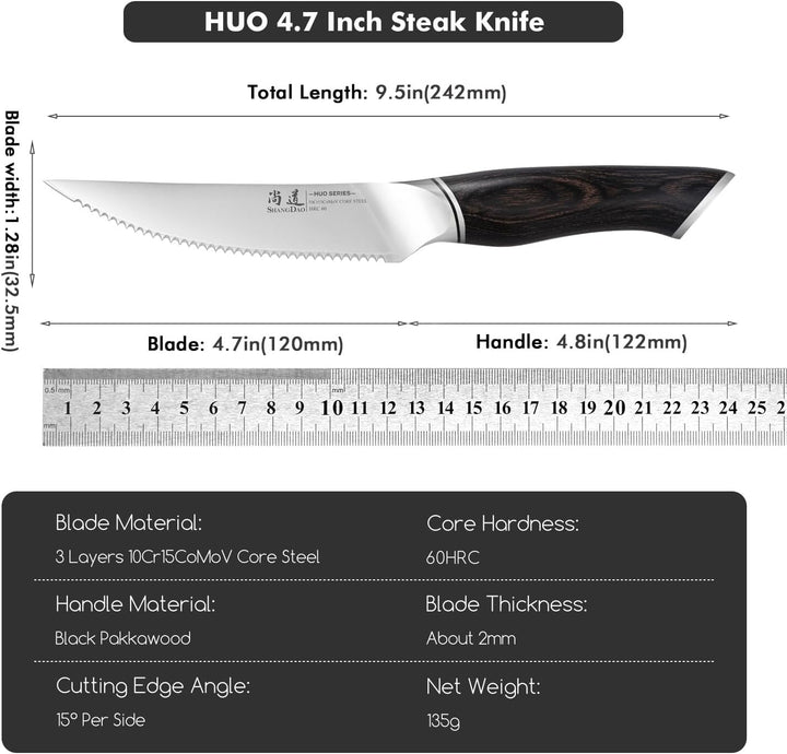 SHANGDAO Steakmesser-Set, 6 Stück, Messerset 12 cm, VG10-Kernstahl, Edelstahl-Steakmesser mit hohem