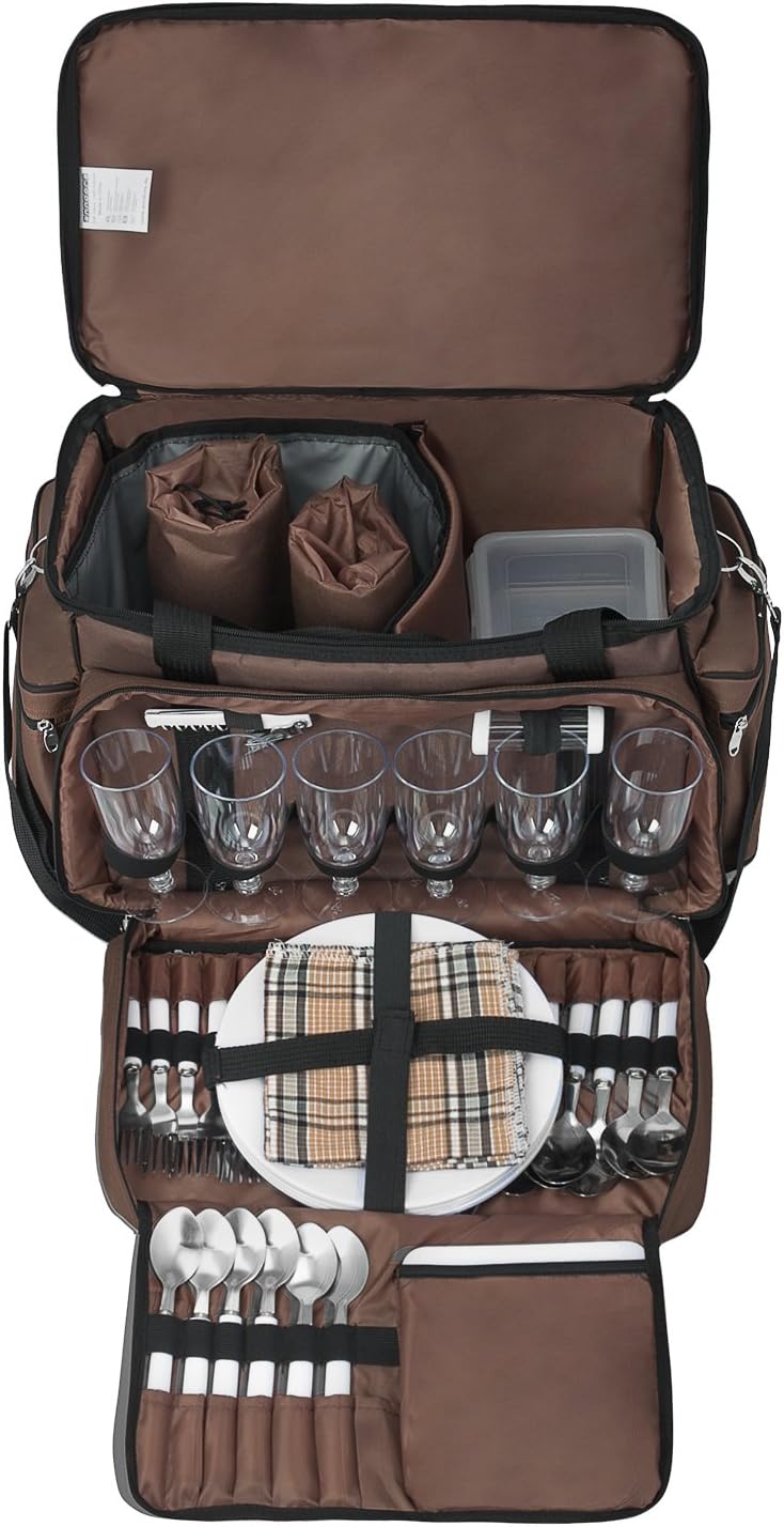 anndora XXL Picknicktasche 6 Personen braun - Vollausstattung 57 Teile Braun Hellblau