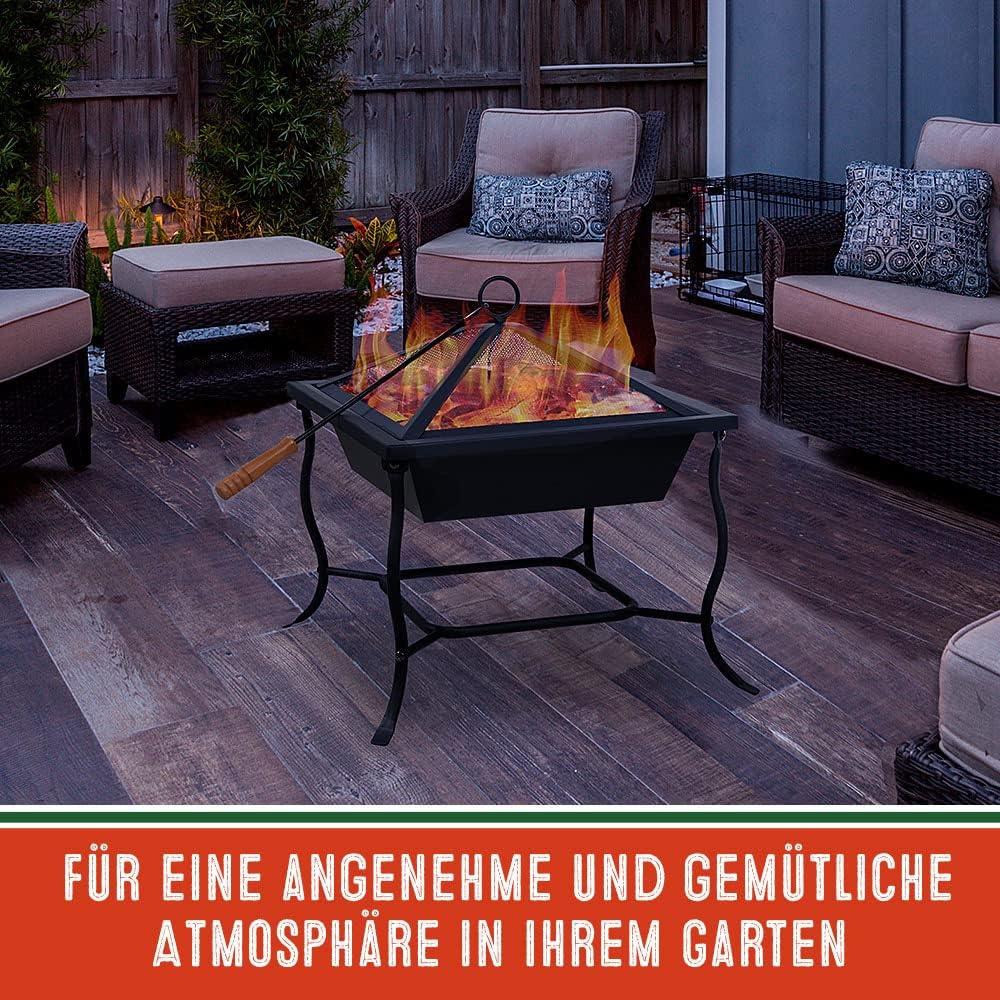 Deuba® Feuerschale mit Funkenschutz Schürhaken Eckig 45x45cm Modern Stahl Schwarz Terrasse Garten Ba