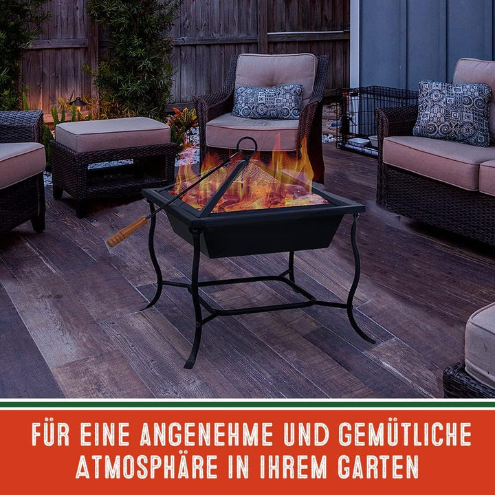 Deuba® Feuerschale mit Funkenschutz Schürhaken Eckig 45x45cm Modern Stahl Schwarz Terrasse Garten Ba