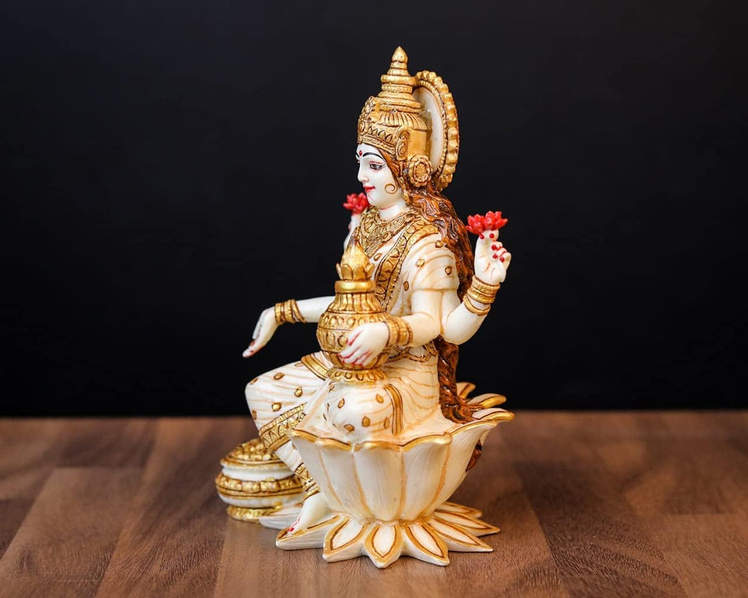 SHIVAJI ARTS Lakshmi Statue Zuchtmarmor, 18 cm, Weiss, Grösse M, 1 Stück