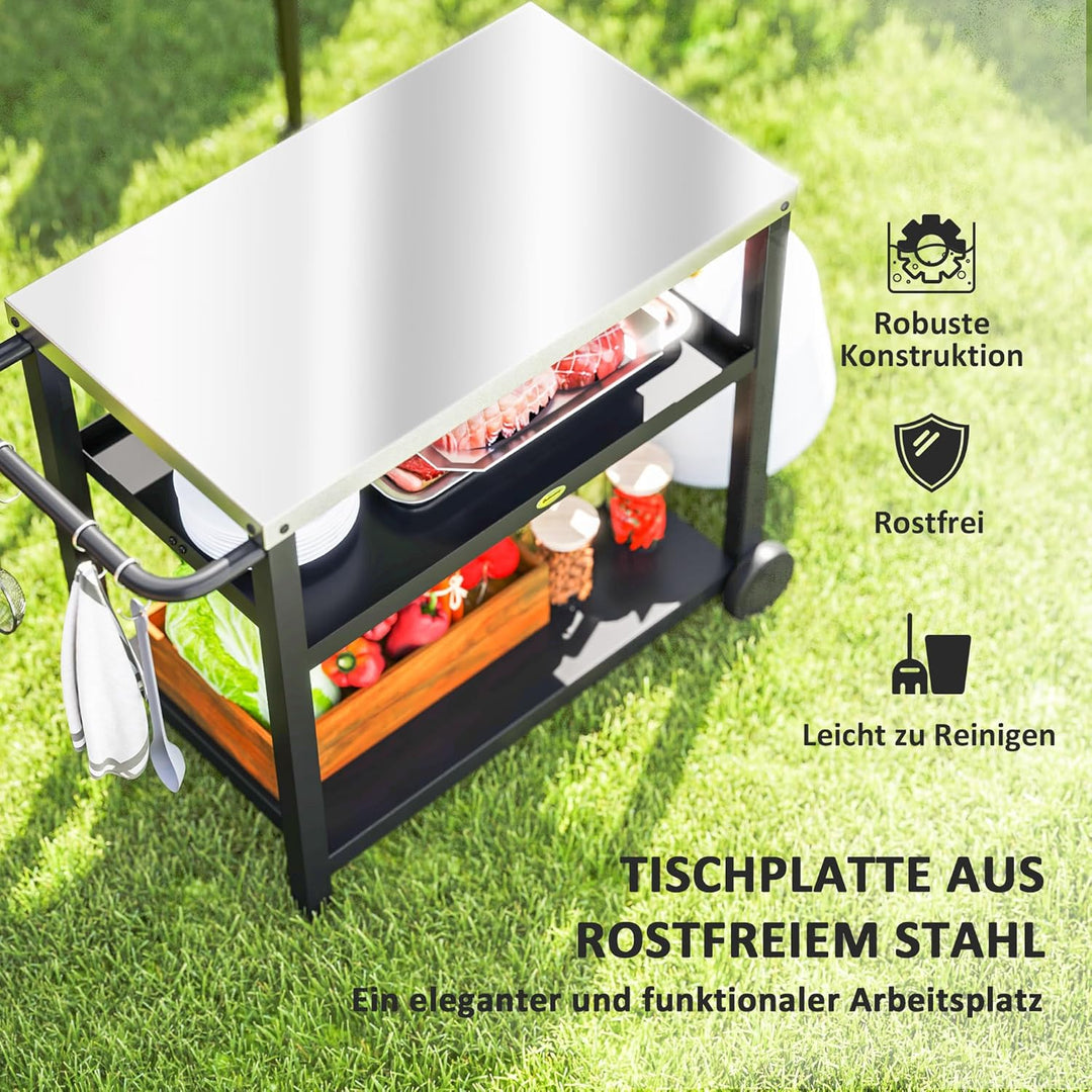 Outsunny Grillwagen 3-Etagen Servierwagen mit Arbeitsfläche Ablagen Haken Räder, Edelstahl BBQ Grill