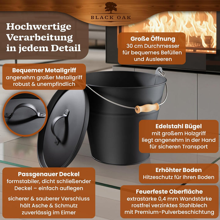 BLACK OAK Ascheeimer FOGO 10L - schwarz mit Deckel mit Metallgriff + Feger + Schaufel & Handschuhen