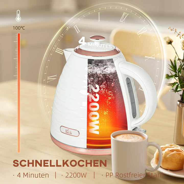 HOMCOM Wasserkocher 1,7 L, 2200W, Kabellos, Schnellkochfunktion, BPA-Frei, Elektrischer Wasserkocher
