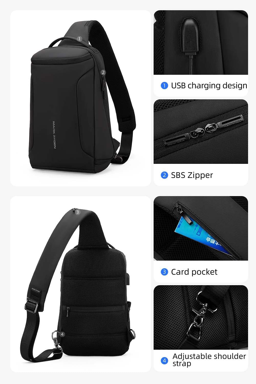MARK RYDEN Schultertasche wasserdicht Large Shoulder Chest Crossbody-Tasche Leichter, lässiger Tages