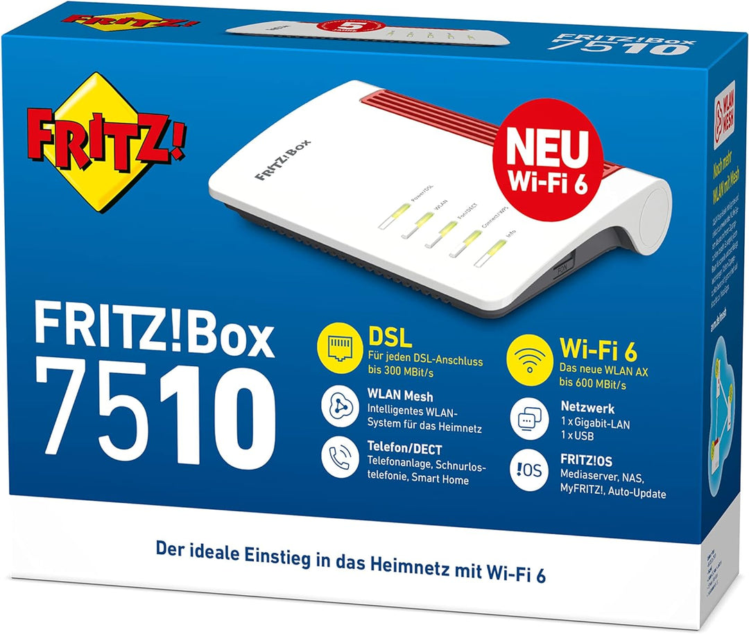 AVM FRITZ!Box 7510 (Wi-Fi 6 Router (WLAN AX), bis zu 600 MBit/s (2,4 GHz), VDSL-Supervectoring 35b b