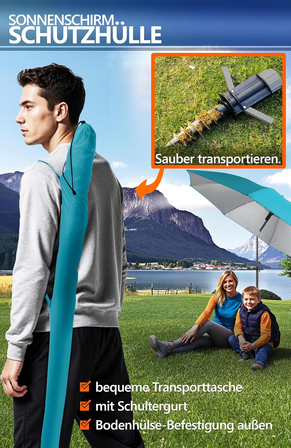 4smile Sonnenschirm Strand SunnyJoy Ø 200 cm, 3er Set - Strandschirm mit UV Schutz 50+, inkl. Sonnen