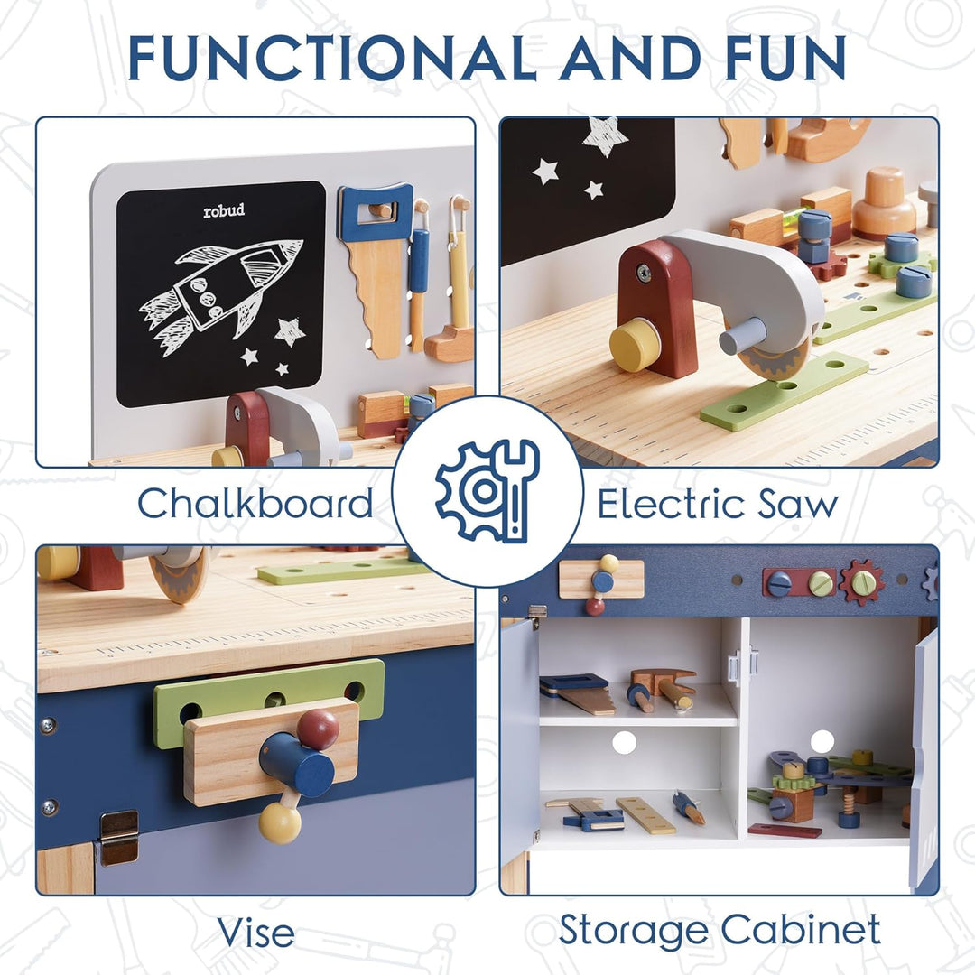 ROBUD Holzspielzeug Werkbank, Grosses Kinder Holz Spielwerkzeug, Pretend Play Creative Building Set,