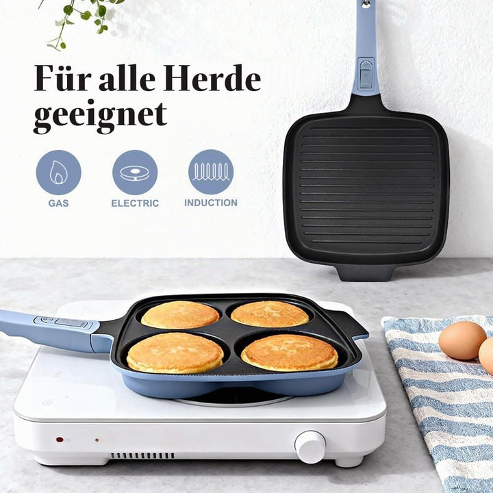 Pfannenset 2-teilig, Spiegeleipfanne mit Deckel 4 Loch + Grillpfanne Induktion 26 x 24 cm, Abnehmbar