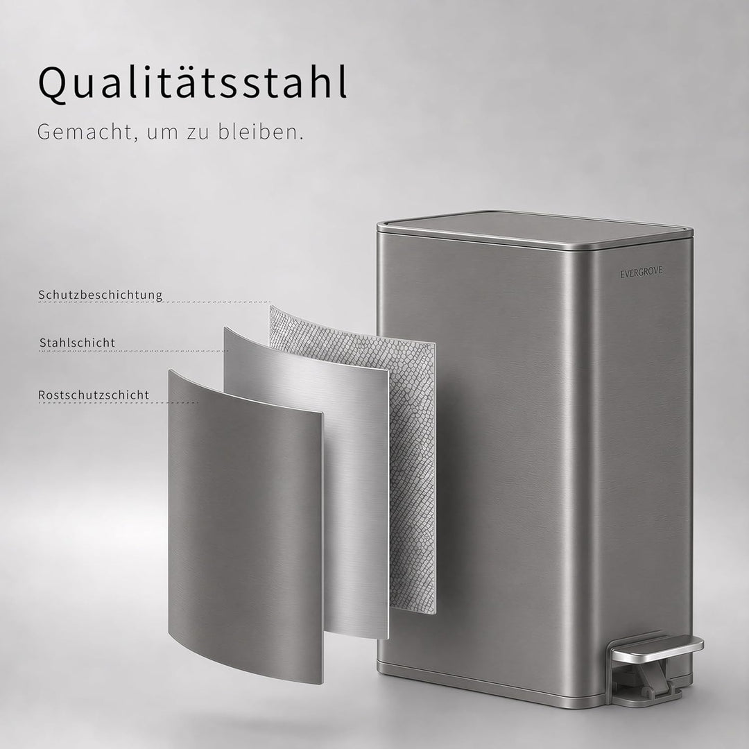 EverGrove Schmaler Mülleimer 10L, nur 14 cm breit, Edelstahl Treteimer mit Deckel, geräuschlos, hera