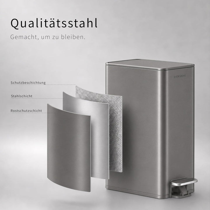 EverGrove Schmaler Mülleimer 10L, nur 14 cm breit, Edelstahl Treteimer mit Deckel, geräuschlos, hera