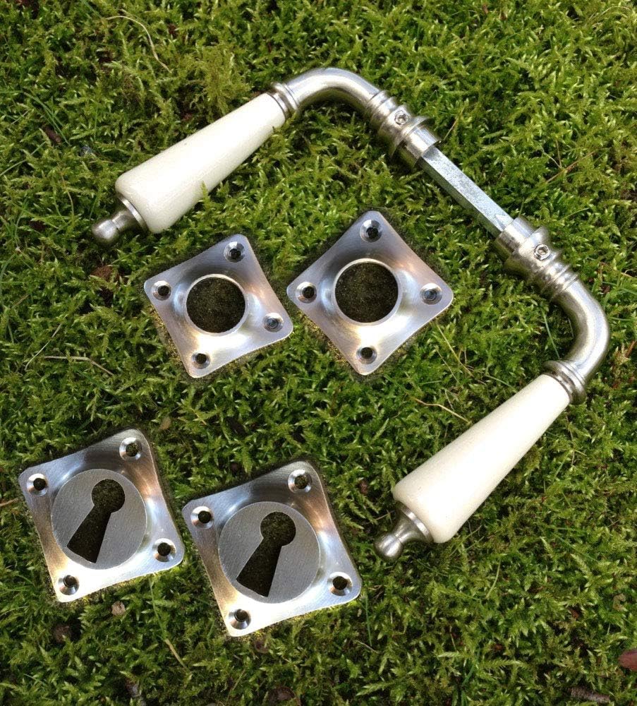 Antikas - Türklinken Nickel matt gebürstet mit Rauten-Rosetten und weisser Porzellangriff