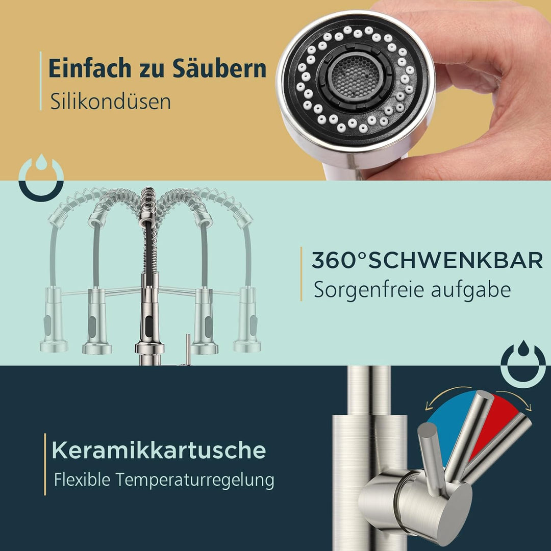 FORIOUS Wasserhahn Küche, Mischbatterie Küche Ausziehbar Brause, Einhebelmischer Küchenarmatur Spüla