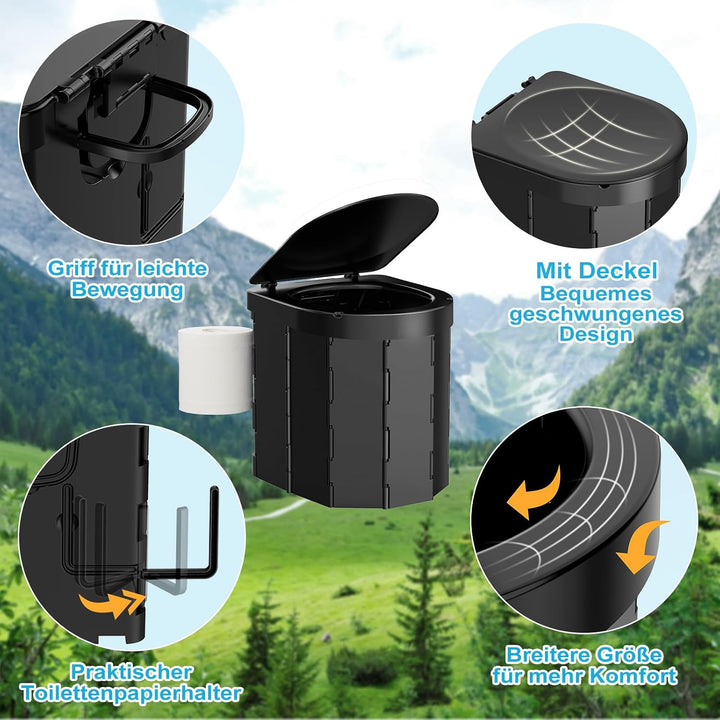 WADEO Tragbare Campingtoilette mit Deckel, Faltbare Toilette mit Belastbarkeit bis zu 200kg, Mobilto