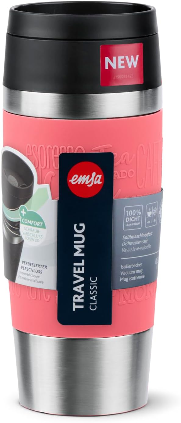 Emsa N20209 Travel Mug Classic Isolierbecher 0,36 Liter | neuer Komfort-Schraubverschluss | Edelstah