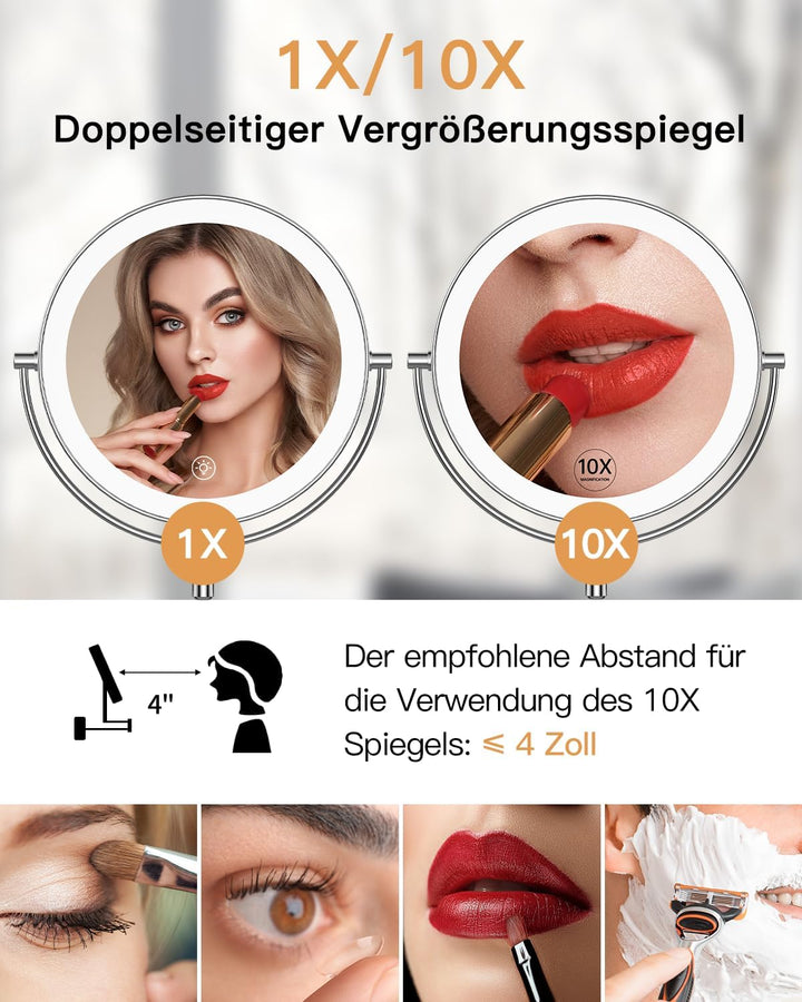 Gospire 9'' Wandmontage Schminkspiegel mit Beleuchtung mit 3 Farben & Dimmable, 1X/10X Vergrösserung