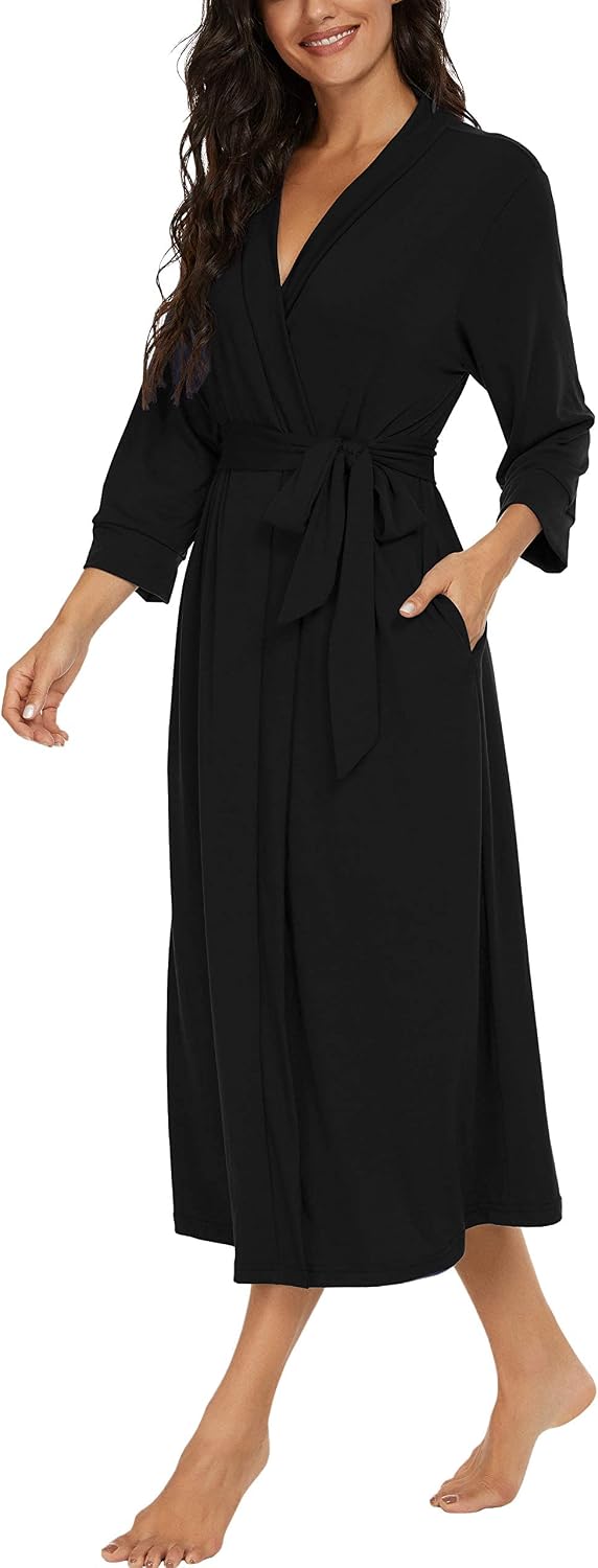 PrinStory Damen Bademantel Leichter 3/4 Ärmeln Morgenmantel V-Ausschnitt Kimono Roben Langes Nachtwä
