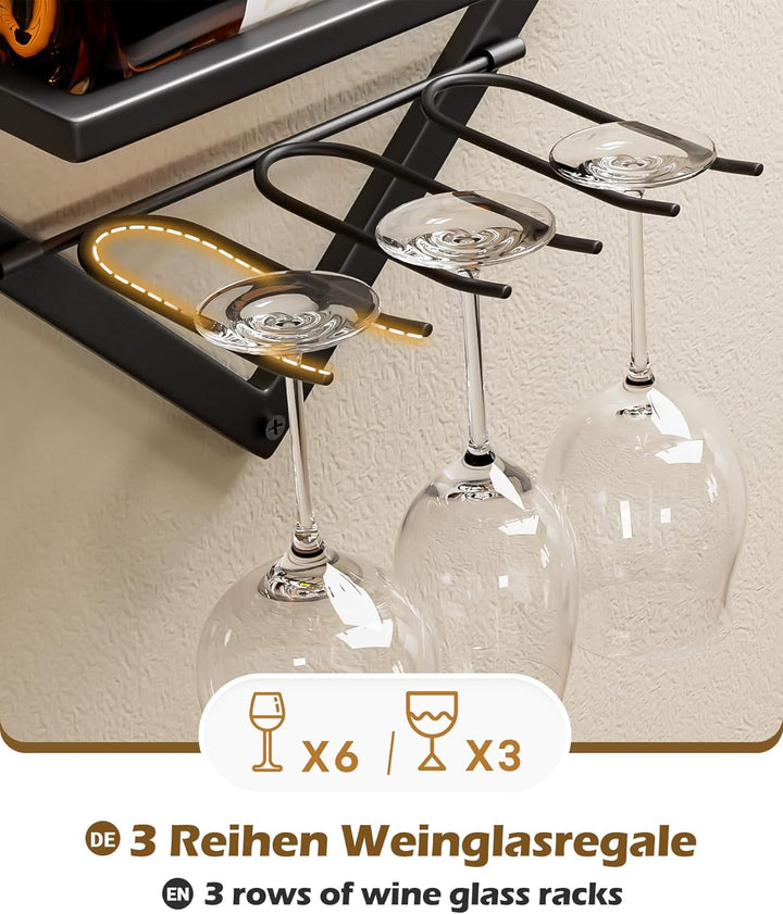 Yorbay Wand Metall Weinregal mit Glashalter: Modern Dekorativ Flaschenregal für 3 Flaschen und bis z