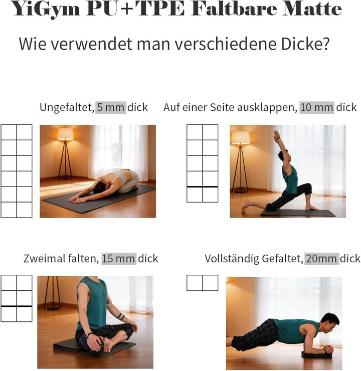 Faltbare Yogamatte TPE+PU Doppelseitige Tragbare Reisematte | Klappbar, Rutschfeste, Tragbare, für S