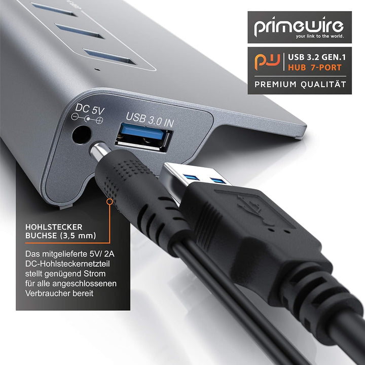 CSL USB 3.2 Gen2 Hub 7 Port Verteiler aktiv 10 Gbit/s Aktiver Betrieb mit Netzteil Metallgehäuse für