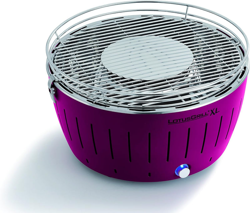 LotusGrill Starter-Set 1x XL Grill Pflaumenlila mit USB-Anschluss, 1x Buchenholzkohle 2,5 kg, 1x Bre