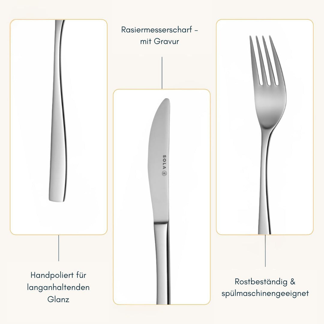 Sola Lotus Besteck Set - 6 Personen Essbesteck - 50 Teilig, 18/10 Rostfreiem Stahl - Robustes & Eleg