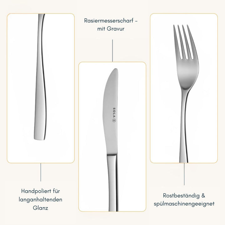 Sola Lotus Besteck Set - 6 Personen Essbesteck - 50 Teilig, 18/10 Rostfreiem Stahl - Robustes & Eleg