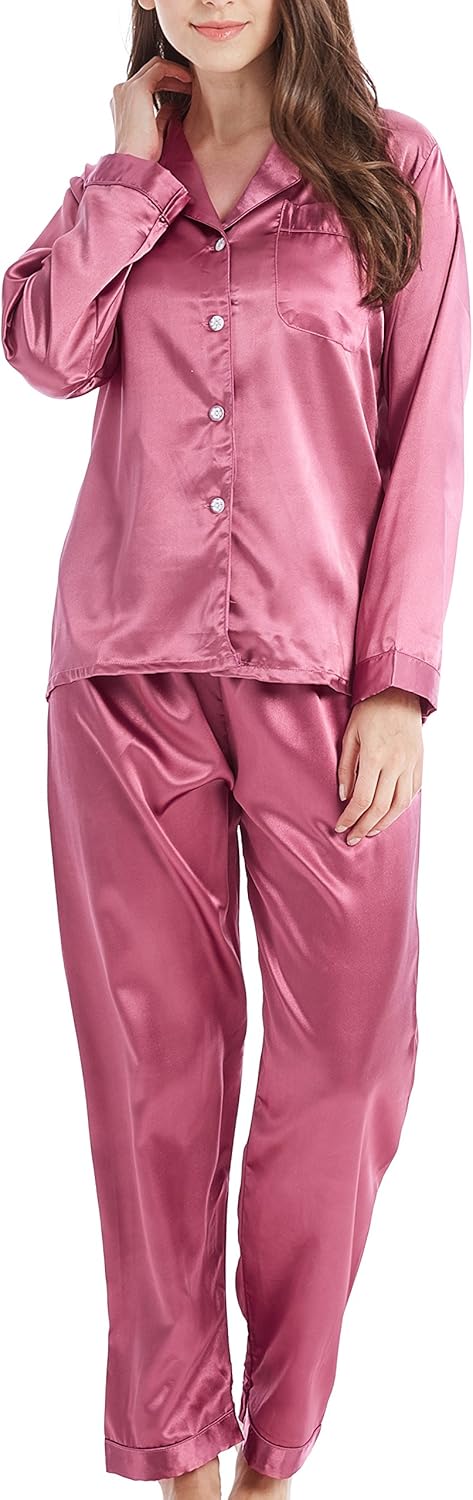 Damen Schlafanzug Pyjama Satin Lang Nachtwäsche Set Klassische Loungewear S Beere, S Beere