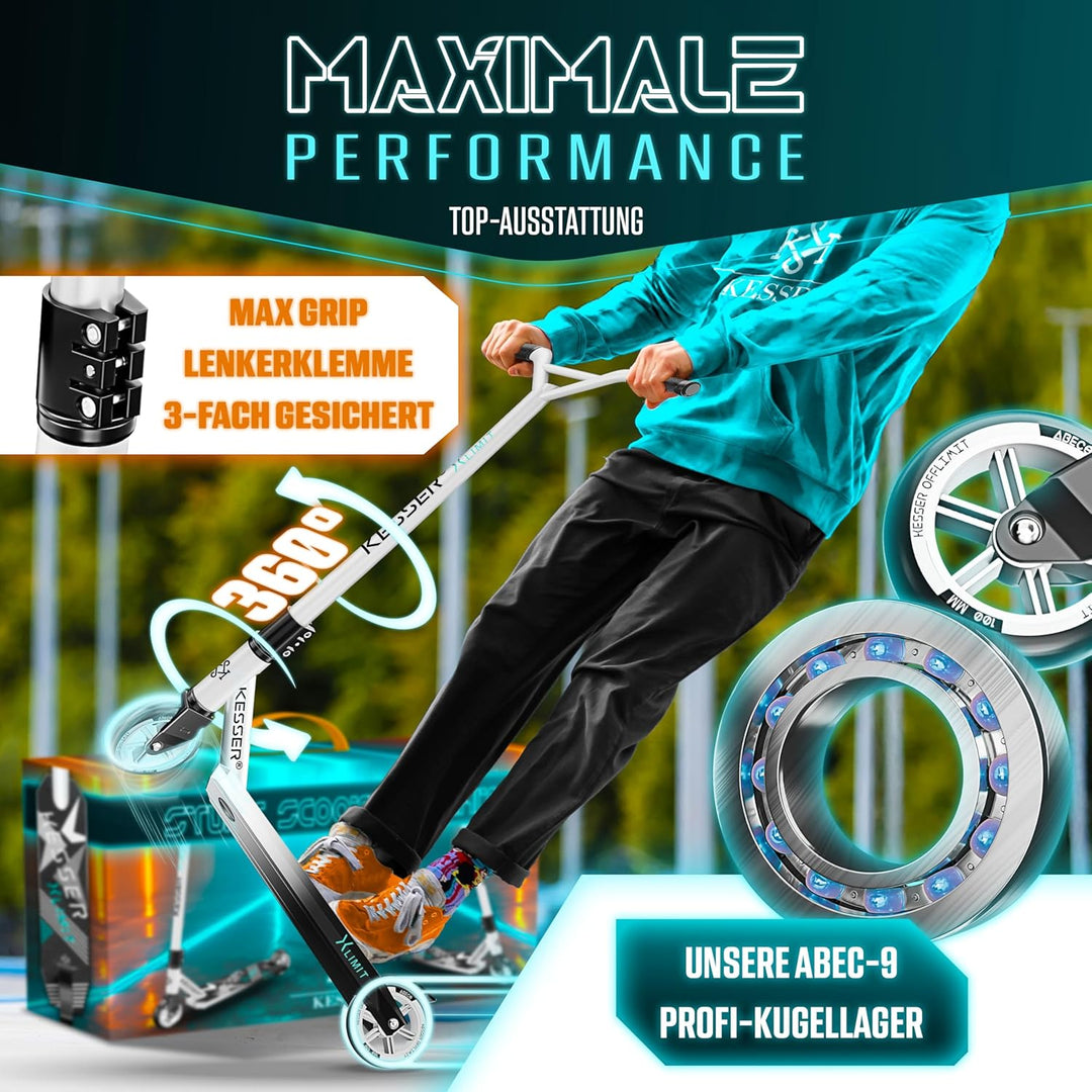 KESSER® Stunt Scooter X-Limit - 360° Lenkung Robuster Funscooter Stuntscooter mit ABEC 9 Kugellagern