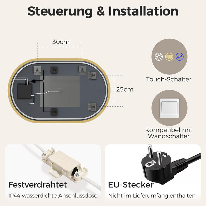 STARLEAD Gold Oval-LED-Badspiegel-mit-Beleuchtung 80x50cm, Bluetooth, Dimmbar, 3 Lichtfarben, Entfog