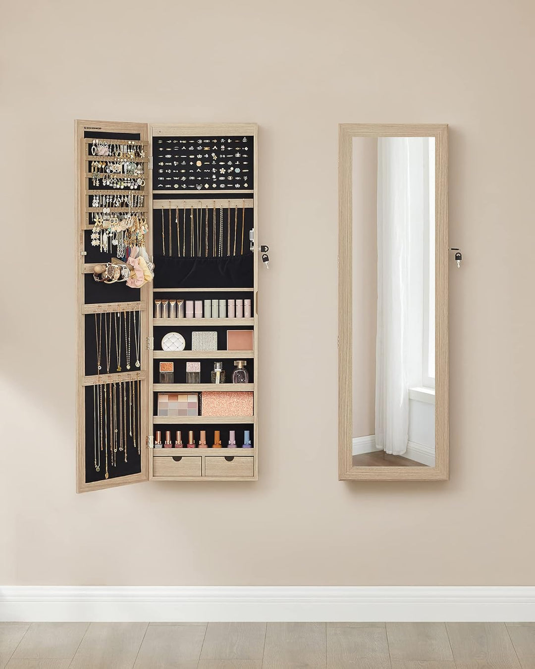 SONGMICS Schmuckschrank, Wand-Aufbewahrungsmöbel für Halsketten, Ohrringe, Zubehörschrank, mit Spieg