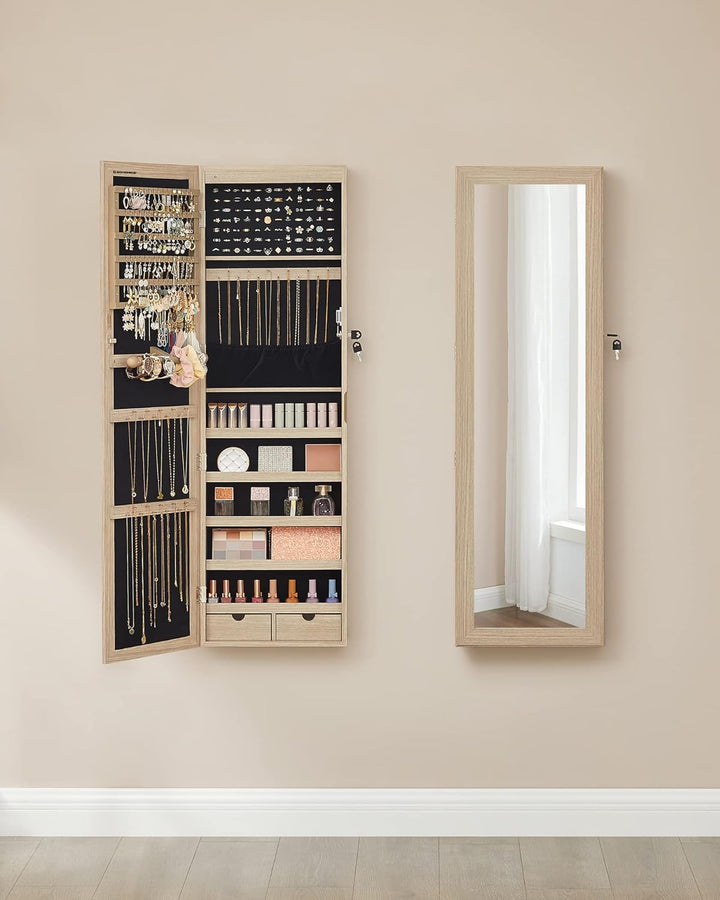SONGMICS Schmuckschrank, Wand-Aufbewahrungsmöbel für Halsketten, Ohrringe, Zubehörschrank, mit Spieg