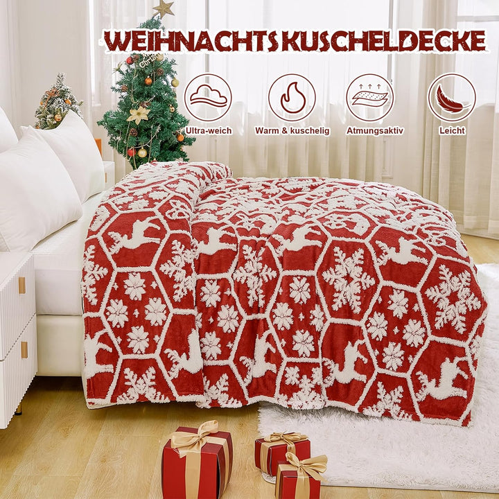 WONGS BEDDING Weihnachtsdecke Kuscheldecke 220x240 cm Flauschig Weihnachts Decke Wohndecke Warme Fle