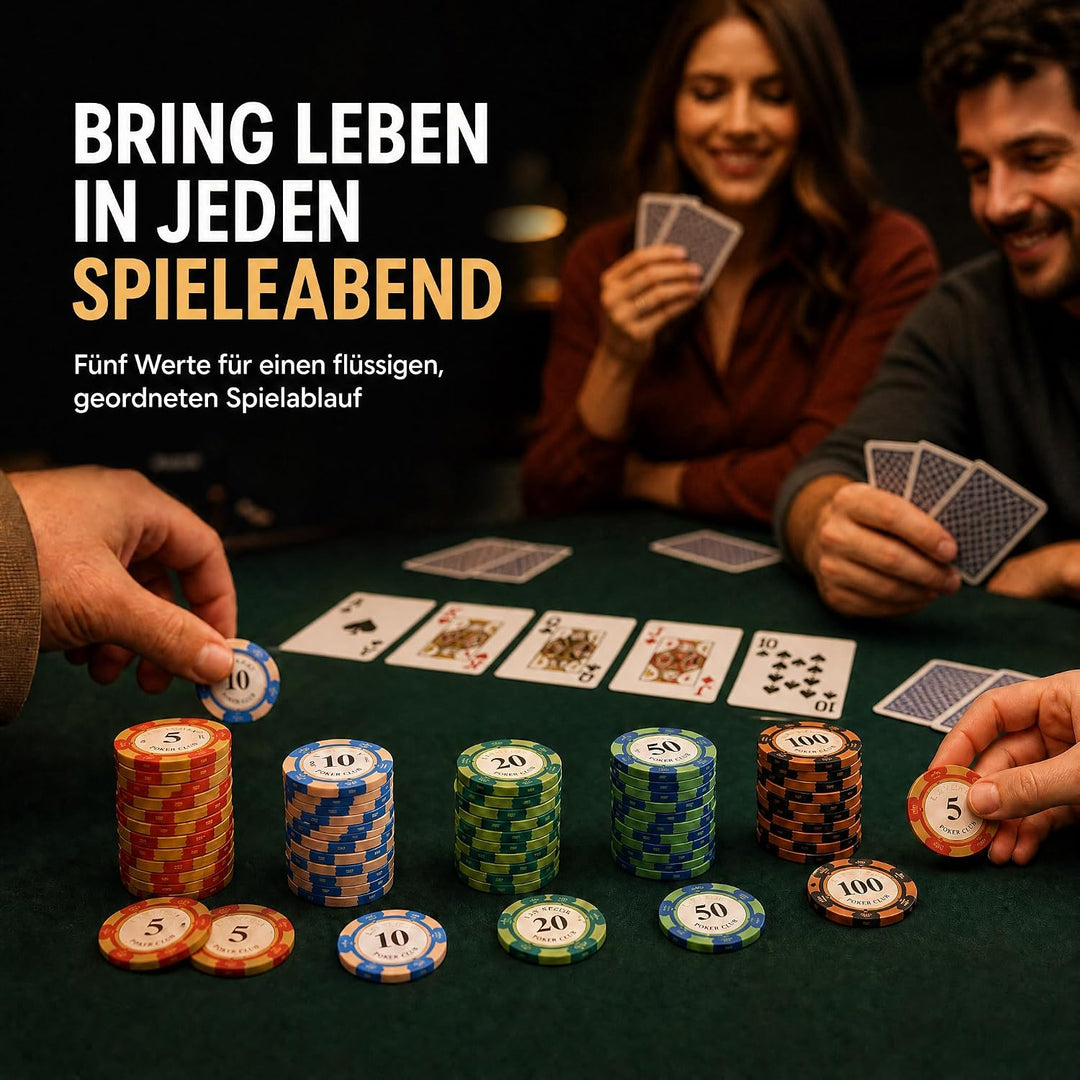 Pokerchip-Set mit 100 Tonchips mit Nennwert, geeignet für Blackjack und Casinospiele, 20 Chips pro N