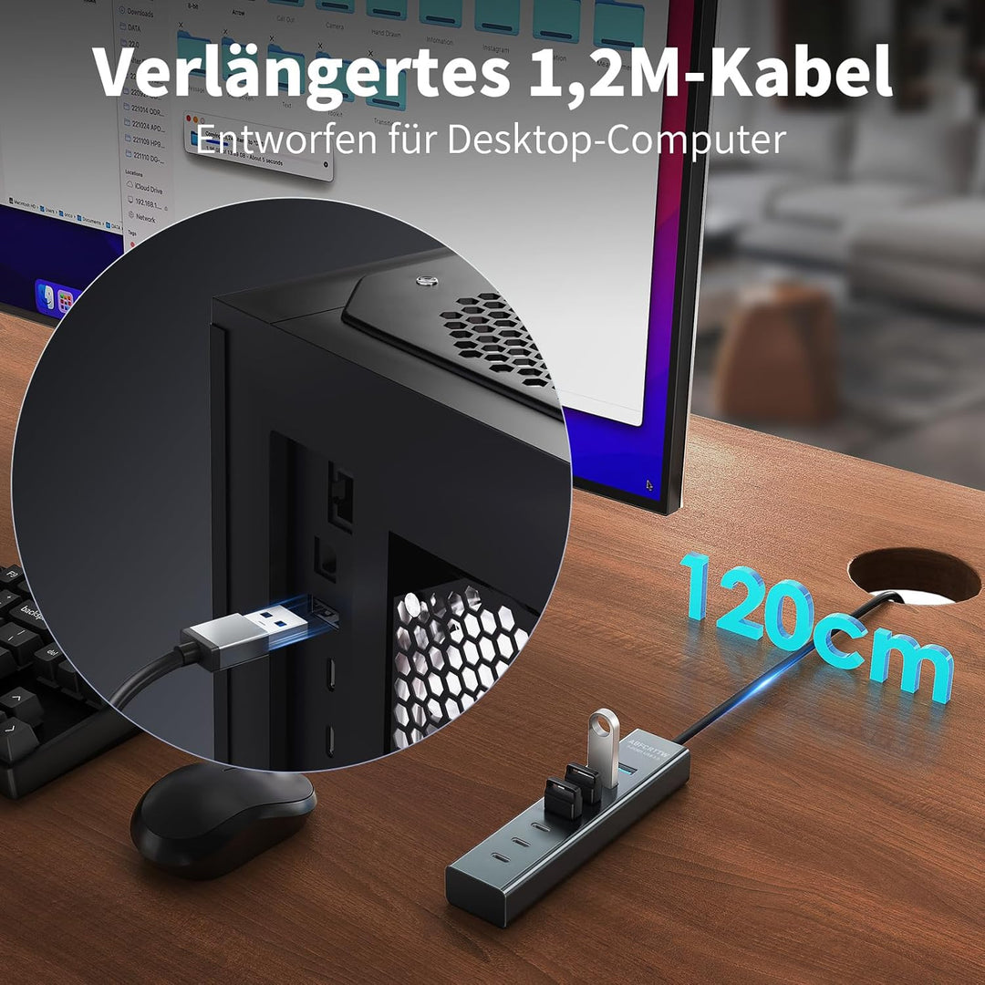 7-Port USB Hub 3.0 mit 120cm Kabel für Desktop, Aluminium USB Verteiler 5Gbps Multiport Adapter mit